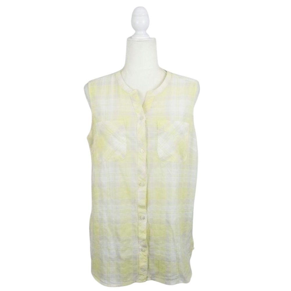 Eddie Bauer yellow white plaid sleeveless button front top women's size L